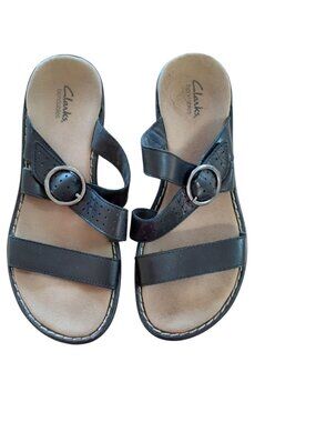 Clarks Bendables Womens Black Leather Slide Sandals Size 8.5 Buckle Straps